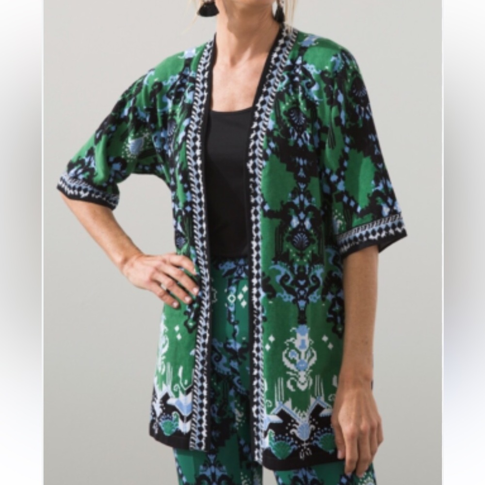 Chico's Kimono Open Front Ikat Cardigan Sweater XL Short Sleeve Knit Linen Blend